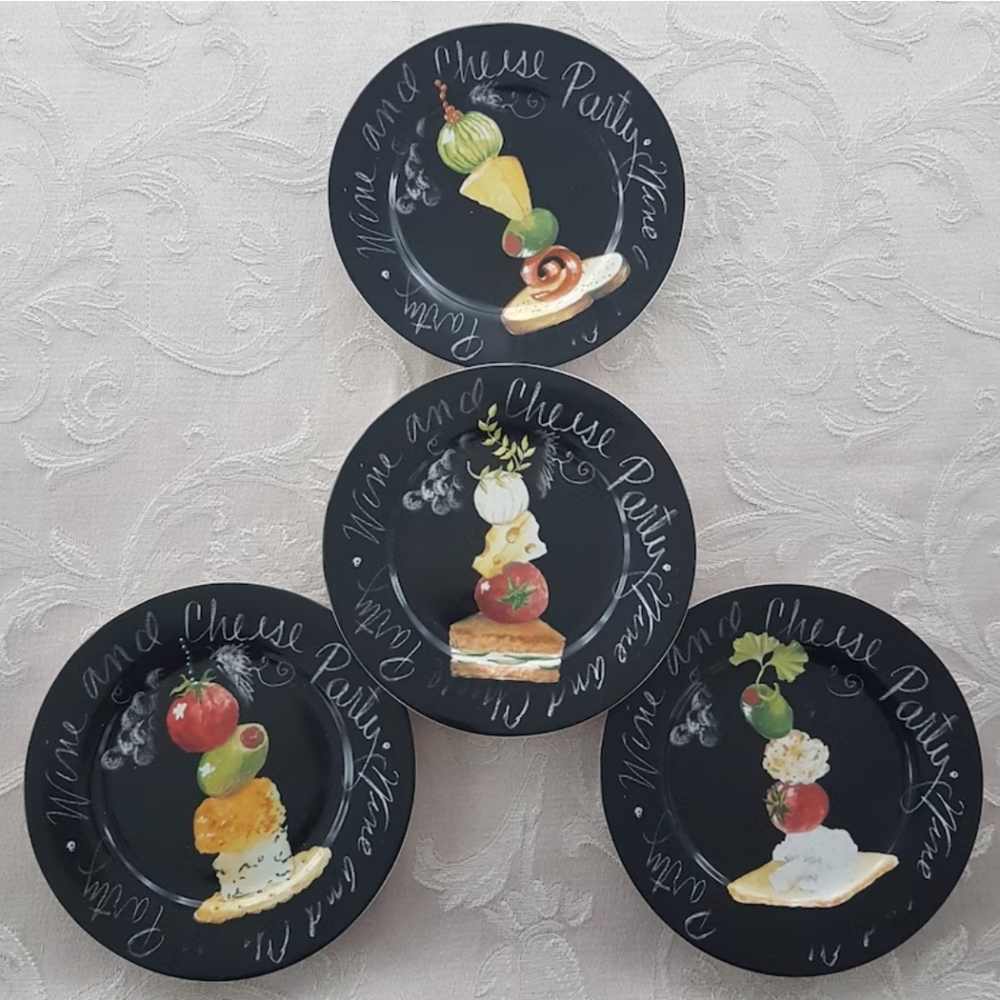 4 American Atelier Hors-d'oeuvre Appetizer Side Plates, Wine and Cheese Party